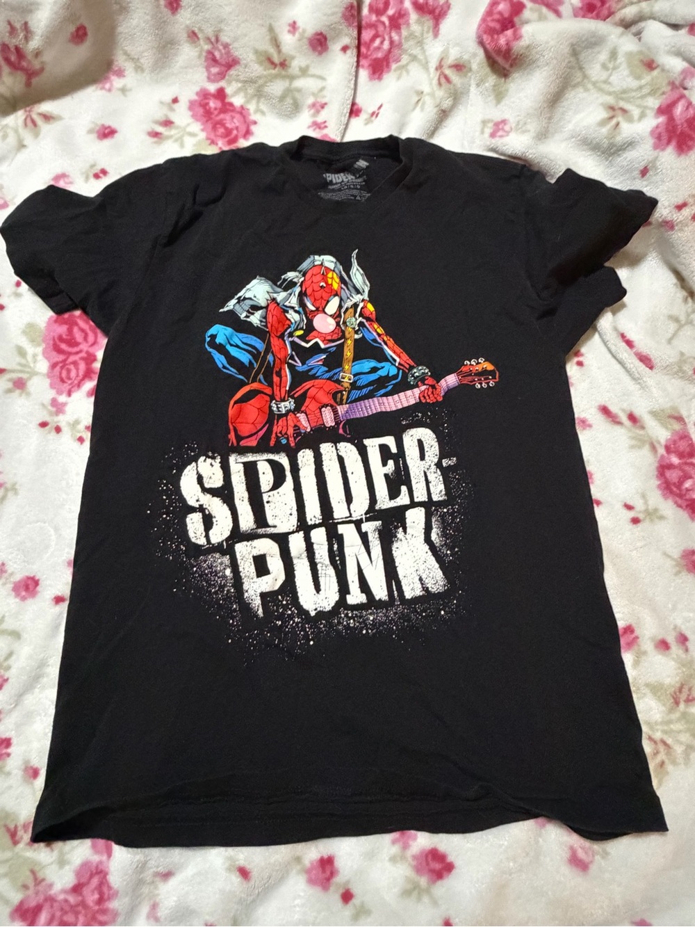 Teens Black Graphic Tee Spider Punk front and back design.
